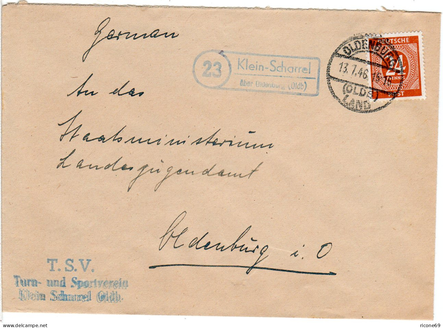 1946, Landpost Stpl. 23 KLEIN-SCHARREL über Oldenburg Auf Vereins Brief M. 24 Pf - Covers & Documents