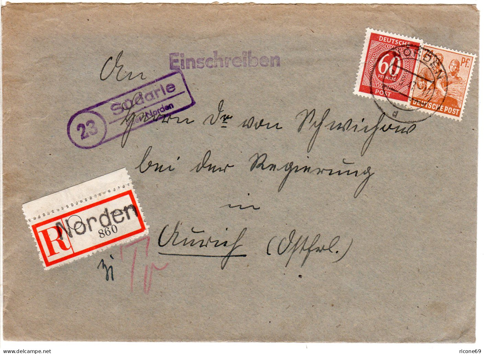 DR 1947, Landpost Stpl. SÜDARLE über Norden Auf Einschreiben Brief M. 24+60 Pf. - Lettres & Documents
