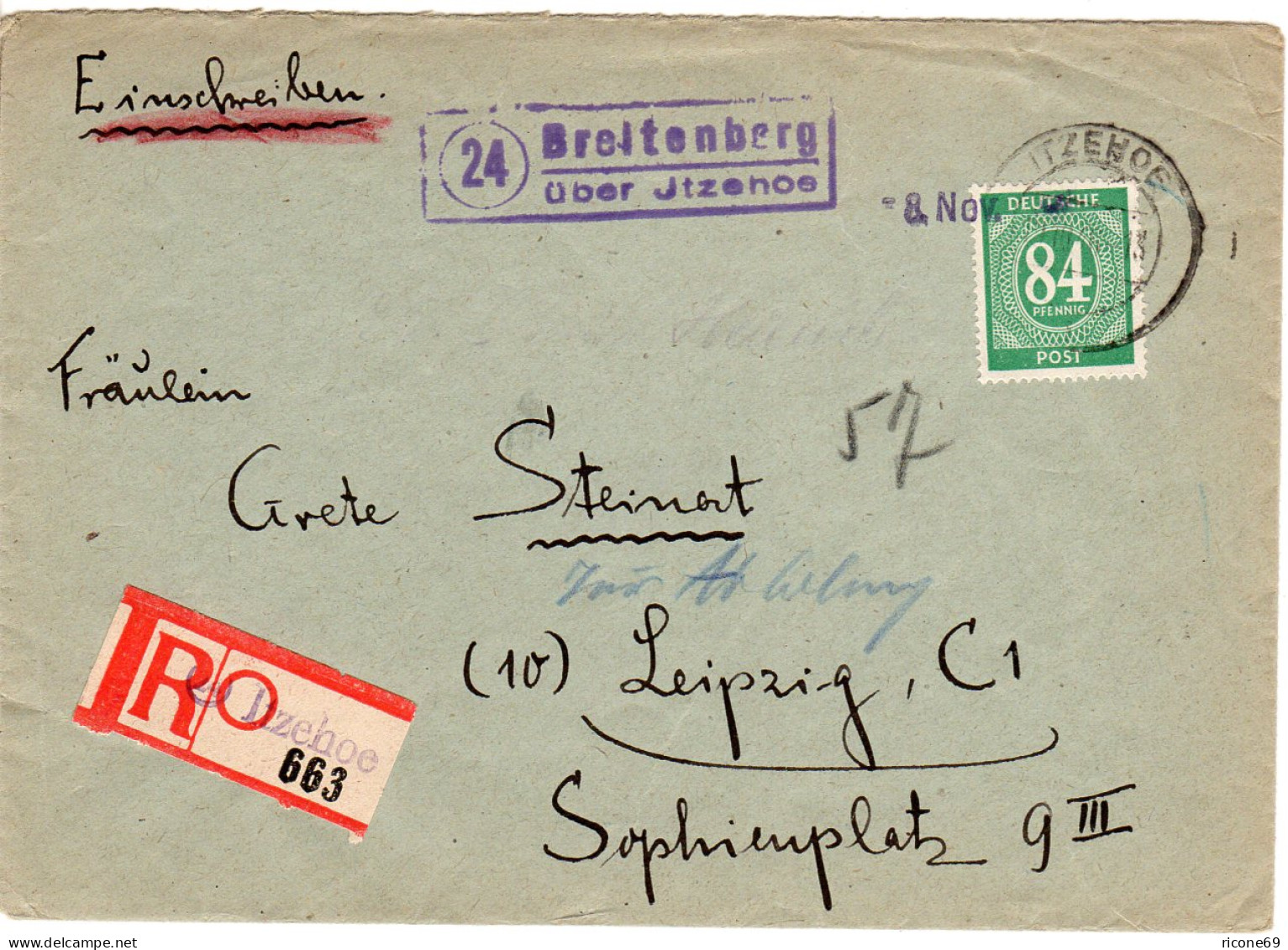 DR 1946, Landpost Stpl. 24 BREITENBERG über Itzehoe Auf Reko Brief M. 84 Pf. - Lettres & Documents