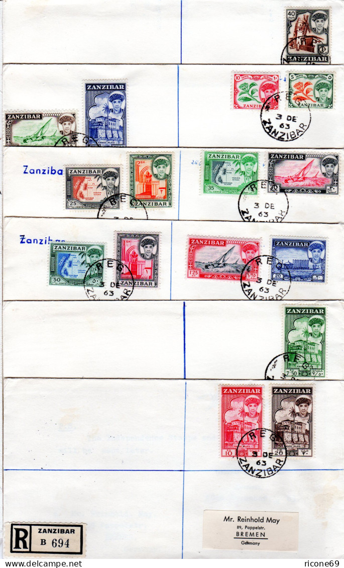 Zanzibar 1963, Kpl. Ausgabe Landesmotive, Alle 16 Werte Auf 6 Briefen - Tanzanie (1964-...)