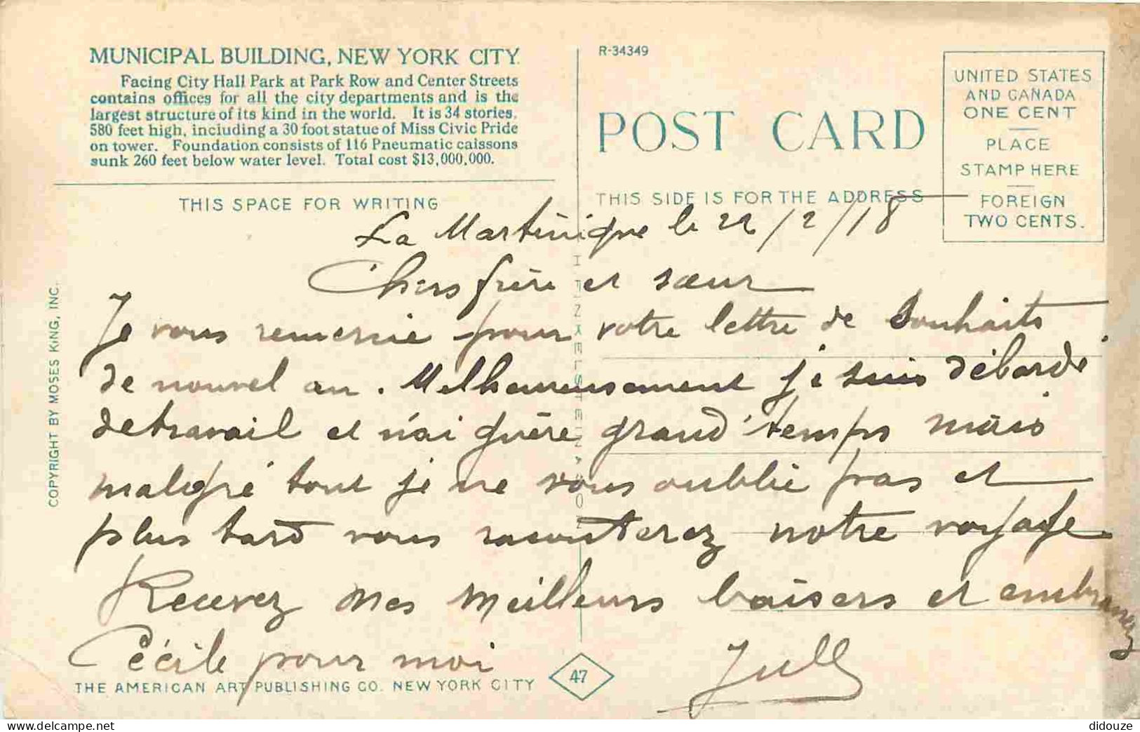 Etats Unis - New York City - Municipal Building - Colorisée - Correspondance - Immeubles - Architecture - CPA - Voyagée  - Other & Unclassified