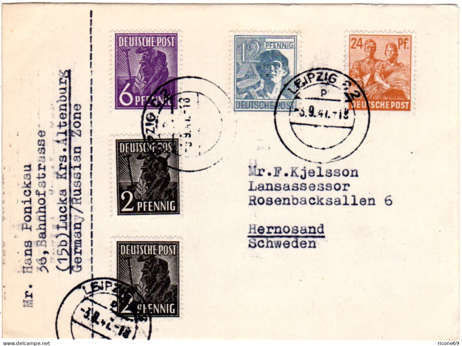 SBZ 1947, 5 Marken Auf Portorichtiger Privater Postkarte V. Leipzig N. Schweden - Brieven En Documenten
