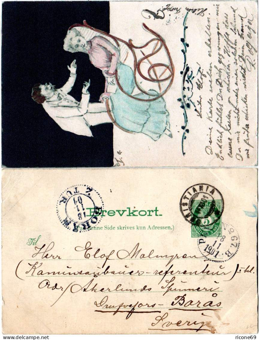 Norwegen 1901, 5 öre Ganzsache M. Rs. Zeichnung V. Christiania N. Schweden - Lettres & Documents