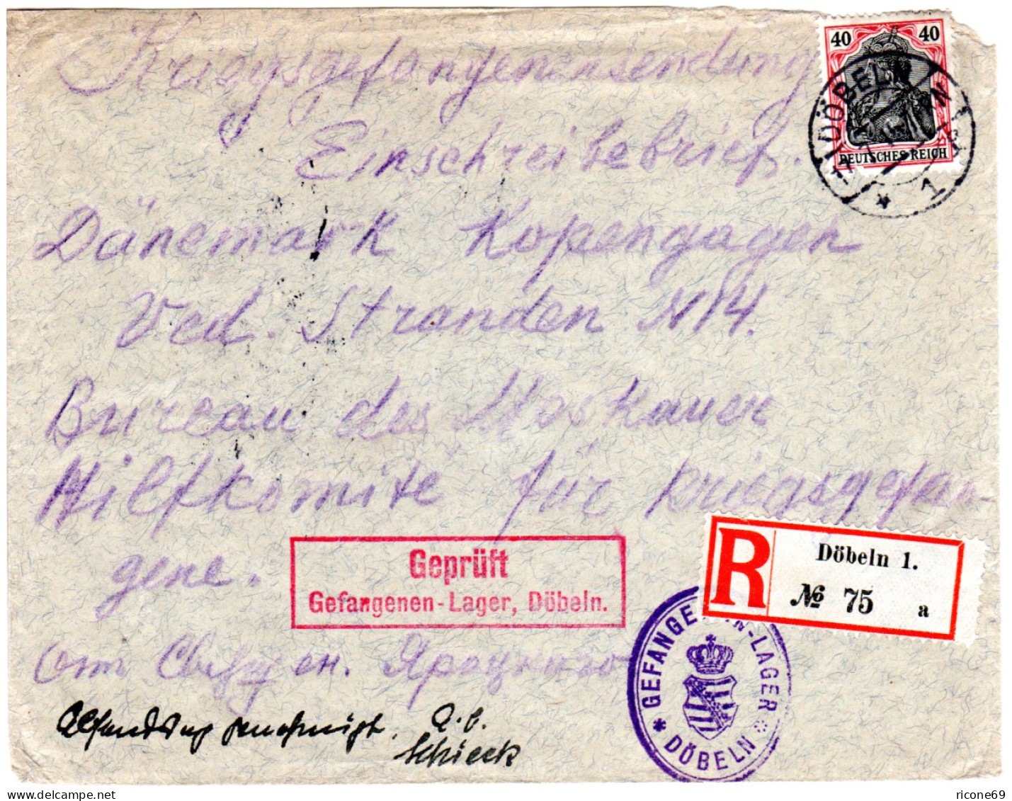 DR 1915, 40 Pf. Germania Auf KGF Reko Zensur Brief V. Lager Döbeln N. Dänemark - Feldpost (postage Free)