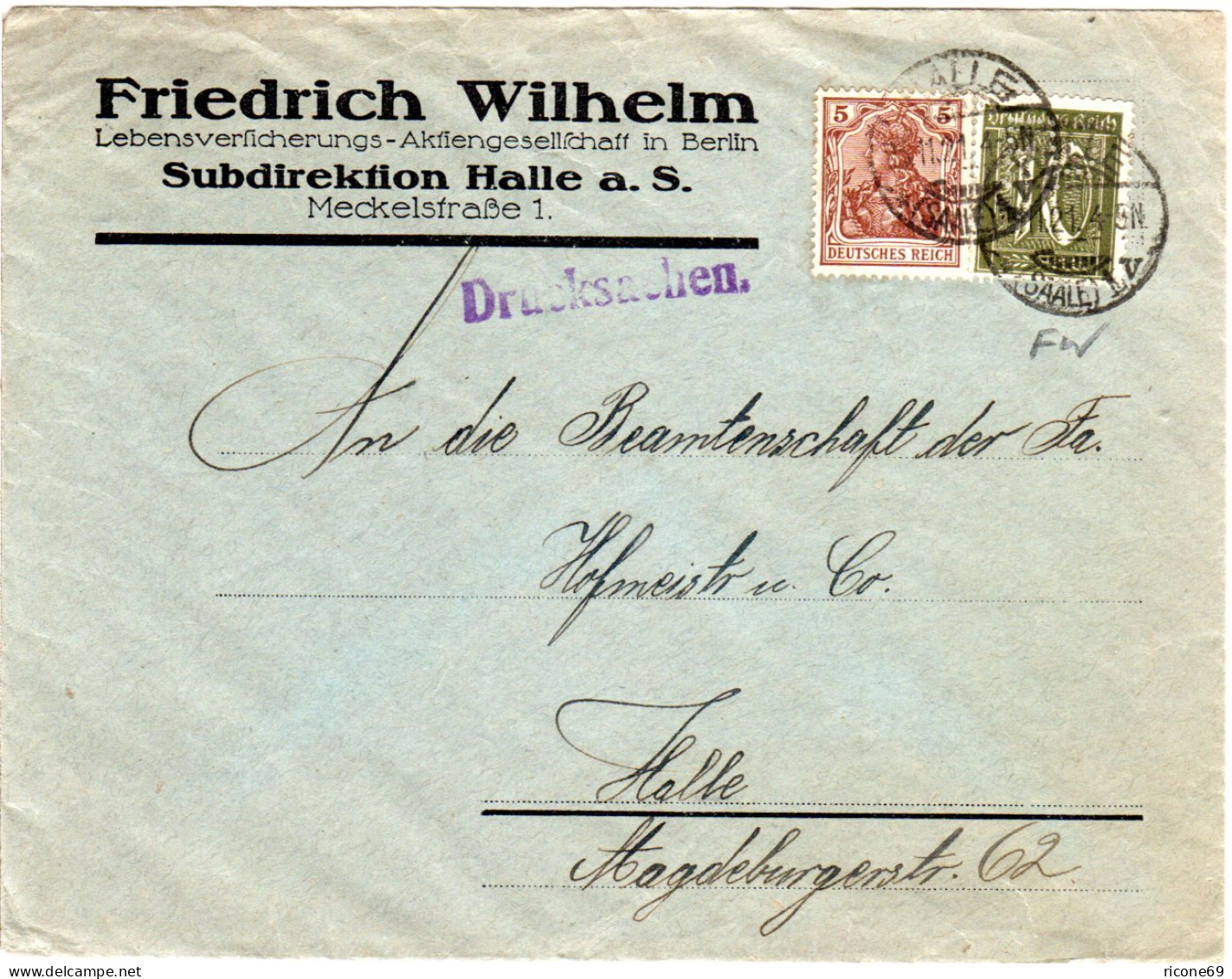 DR 1921, 5+10 Pf. M. Firmenlochung F.W. Auf Brief V. Halle - Lettres & Documents