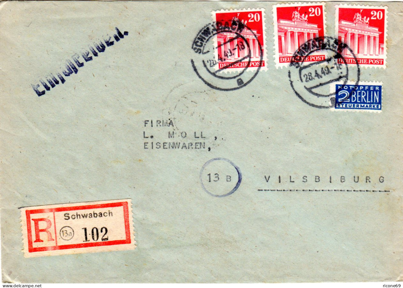 1949, MeF 3er-Streifen 20 Pf. Auf Einschreiben Brief V. 13a SCHWABACH - Lettres & Documents