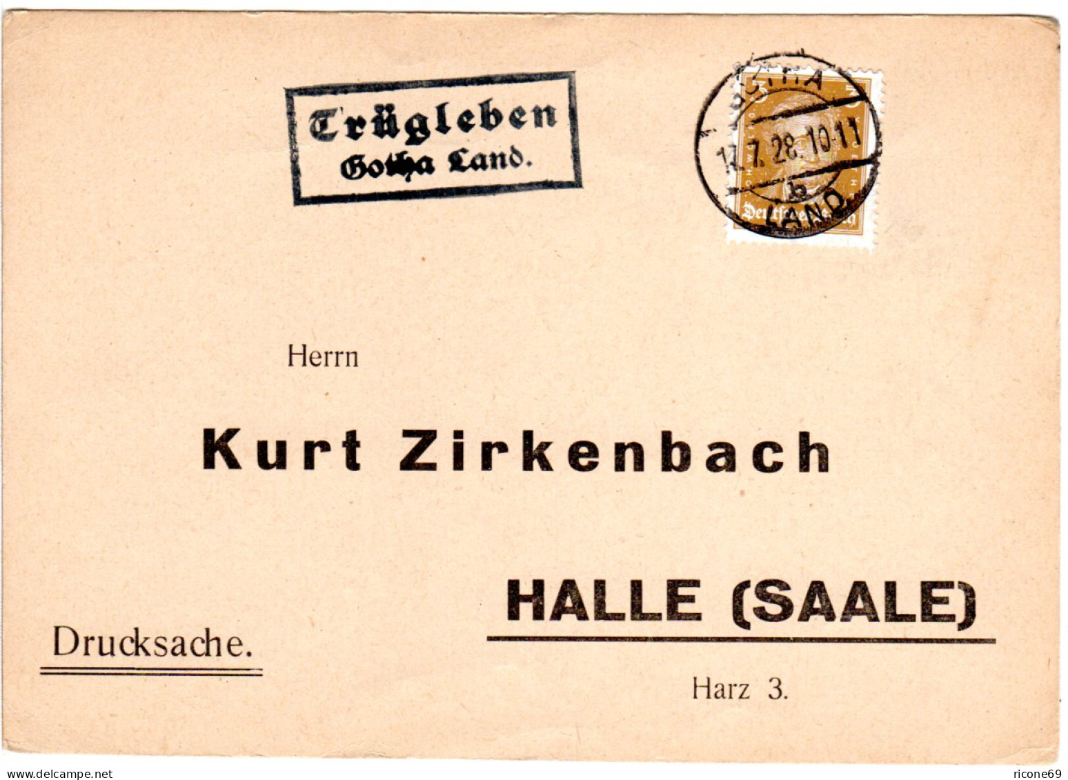 DR 1928, Landpost Stpl. TRÜGLEBEN Gotha Land Auf Karte M. 3 Pf.  - Lettres & Documents