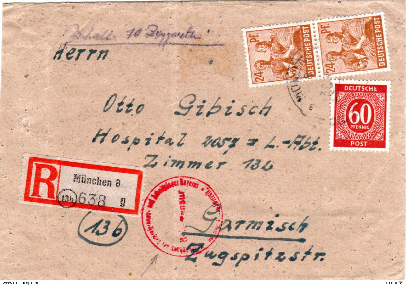 1946, Einschreiben Brief V. München M. Zensur Ins Interniertenlager Garmisch - Covers & Documents
