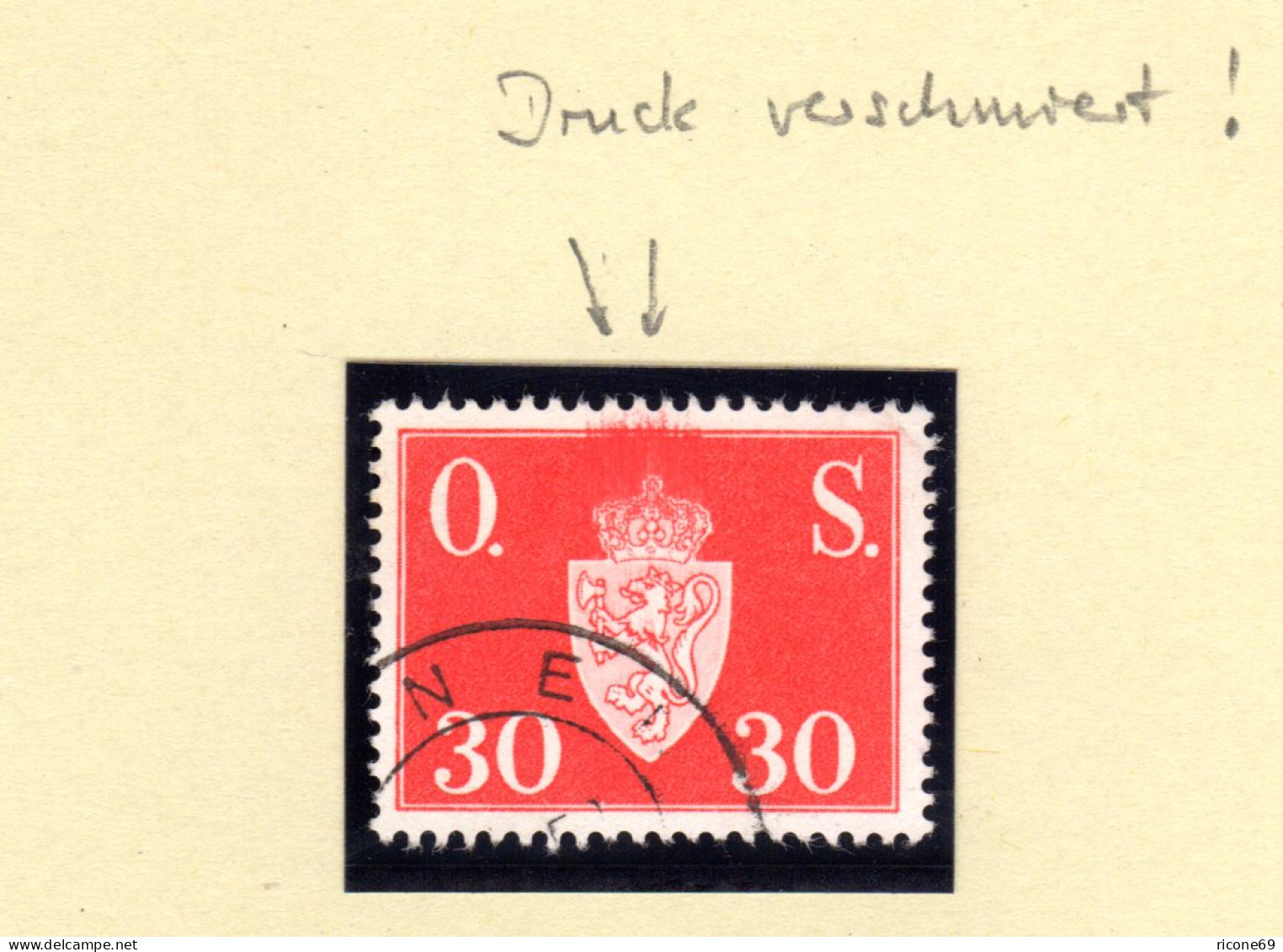 Norwegen D 64 M. Druckfehler, Gebr. 30 öre Dienst M. Oben Verschmiertem Druck - Storia Postale