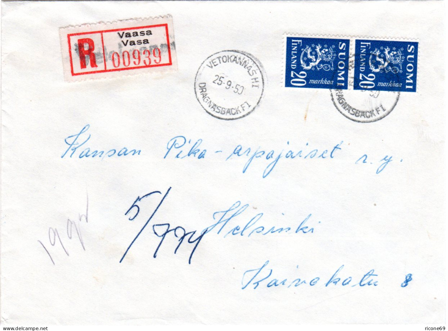 Finnland 1950, VETOKANNASHI, überstempelter Not Reko Zettel Auf Brief M. 2x20 P. - Autres & Non Classés