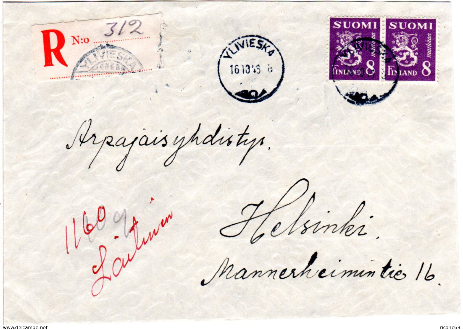 Finnland 1946, YLIVIESKA, Eingestempelter Reko Zettel Auf Brief M. 2x8 M. - Other & Unclassified