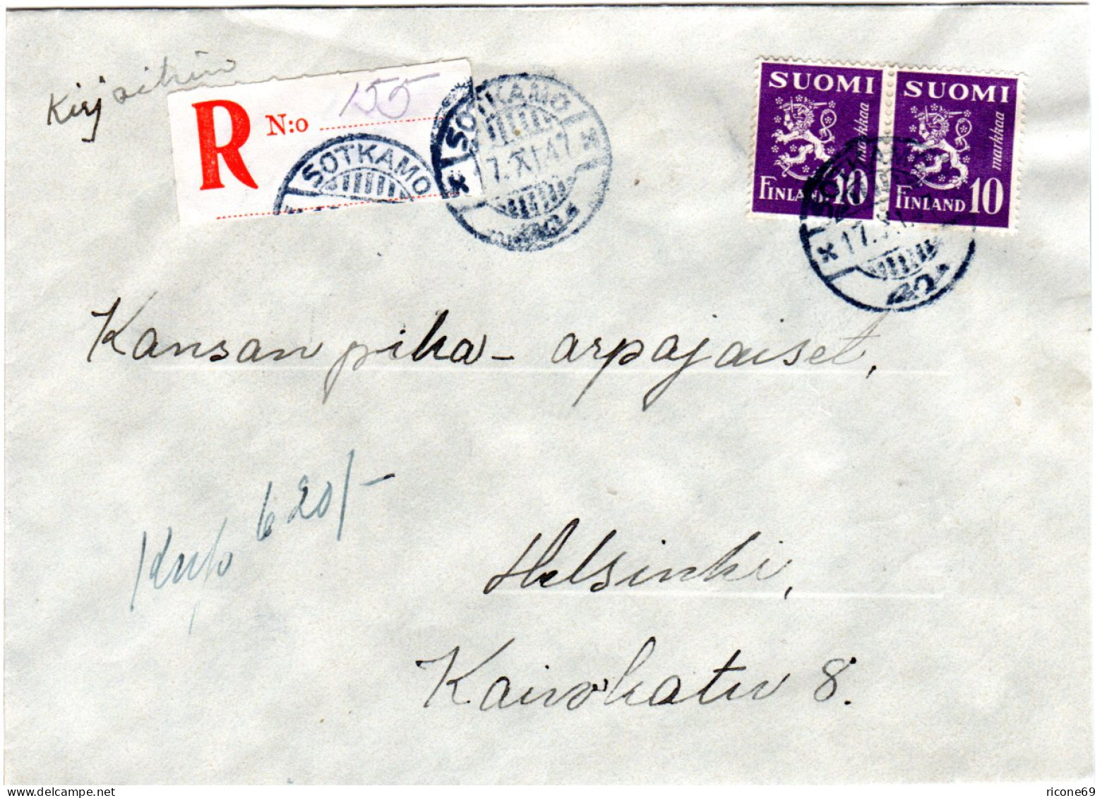 Finnland 1947, SOTKAMO, Eingestempelter Reko Zettel Auf Brief M. 2x10 M. - Autres & Non Classés