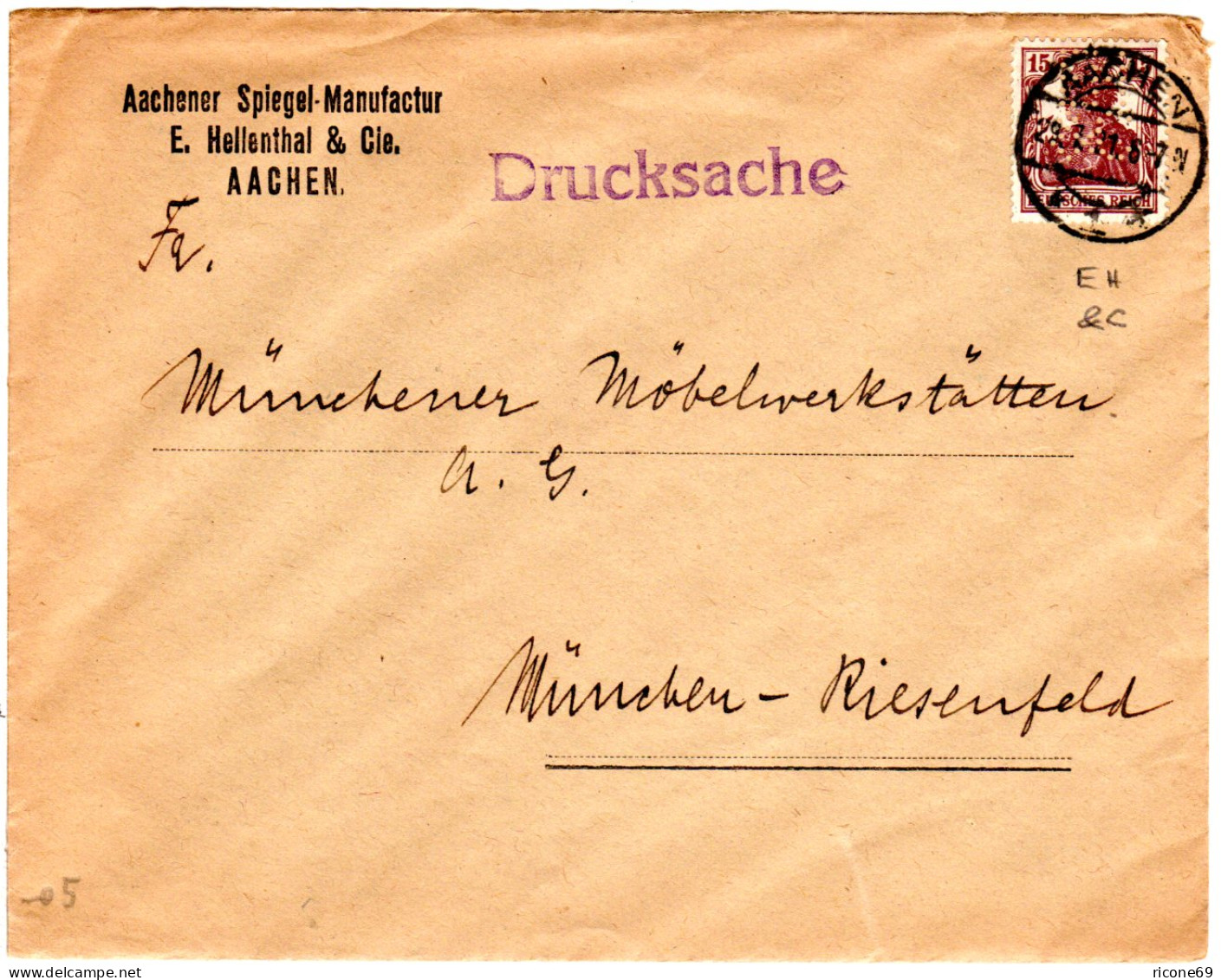 DR 1921, 15 Pf. Germania M. Perfins E.H.&C. Auf Firmenbrief V. Aachen. - Lettres & Documents
