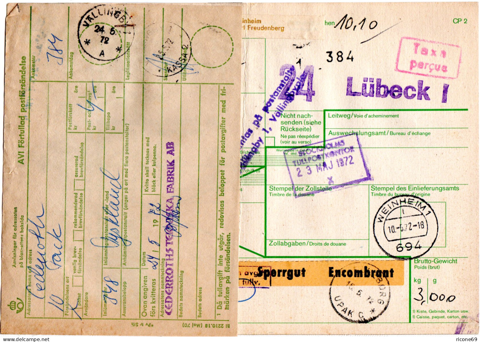 BRD 1972, Taxe Percu Paketkarte V. Weinheim M. Schweden Porto-Formular - Brieven En Documenten