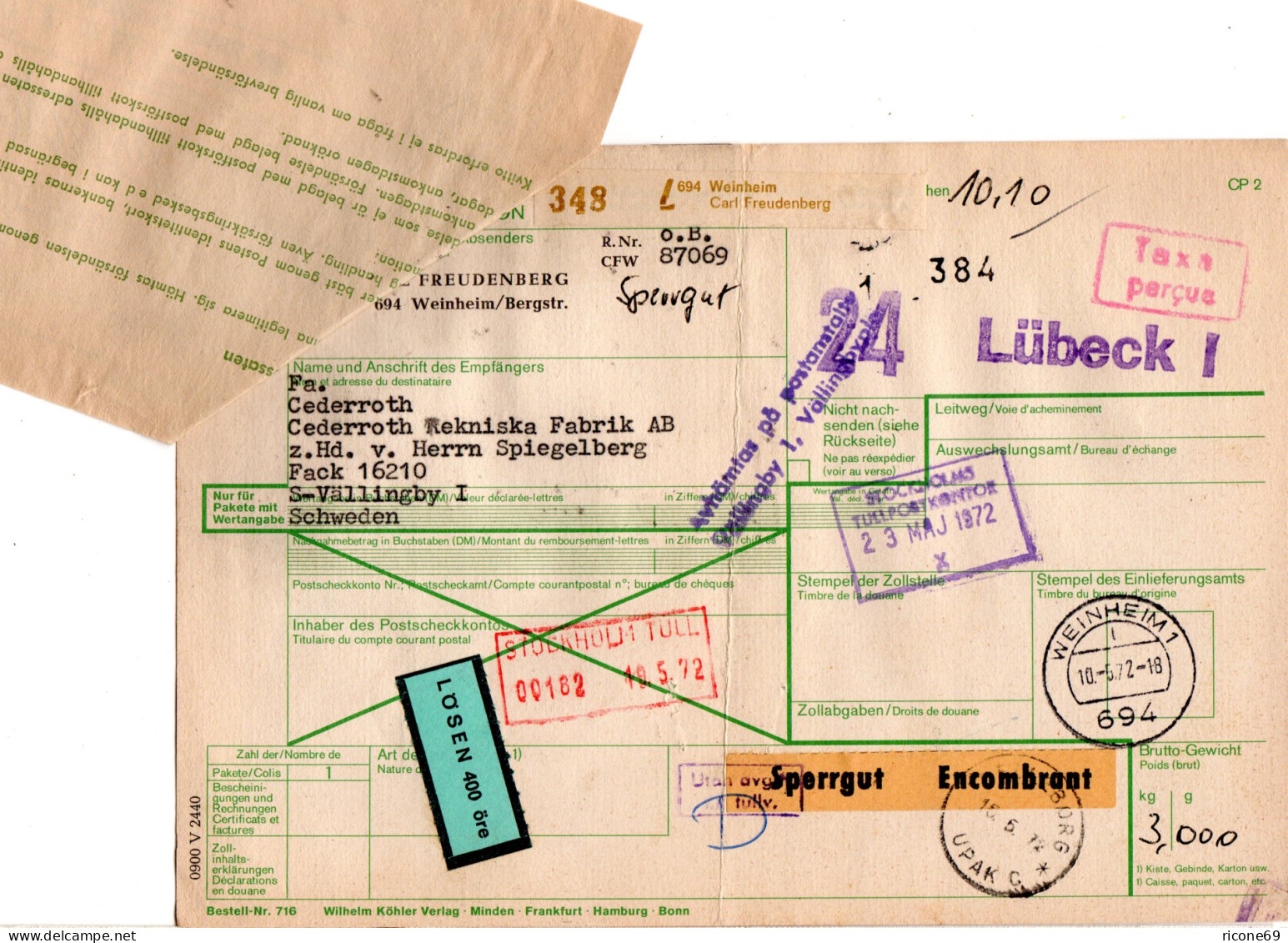 BRD 1972, Taxe Percu Paketkarte V. Weinheim M. Schweden Porto-Formular - Lettres & Documents