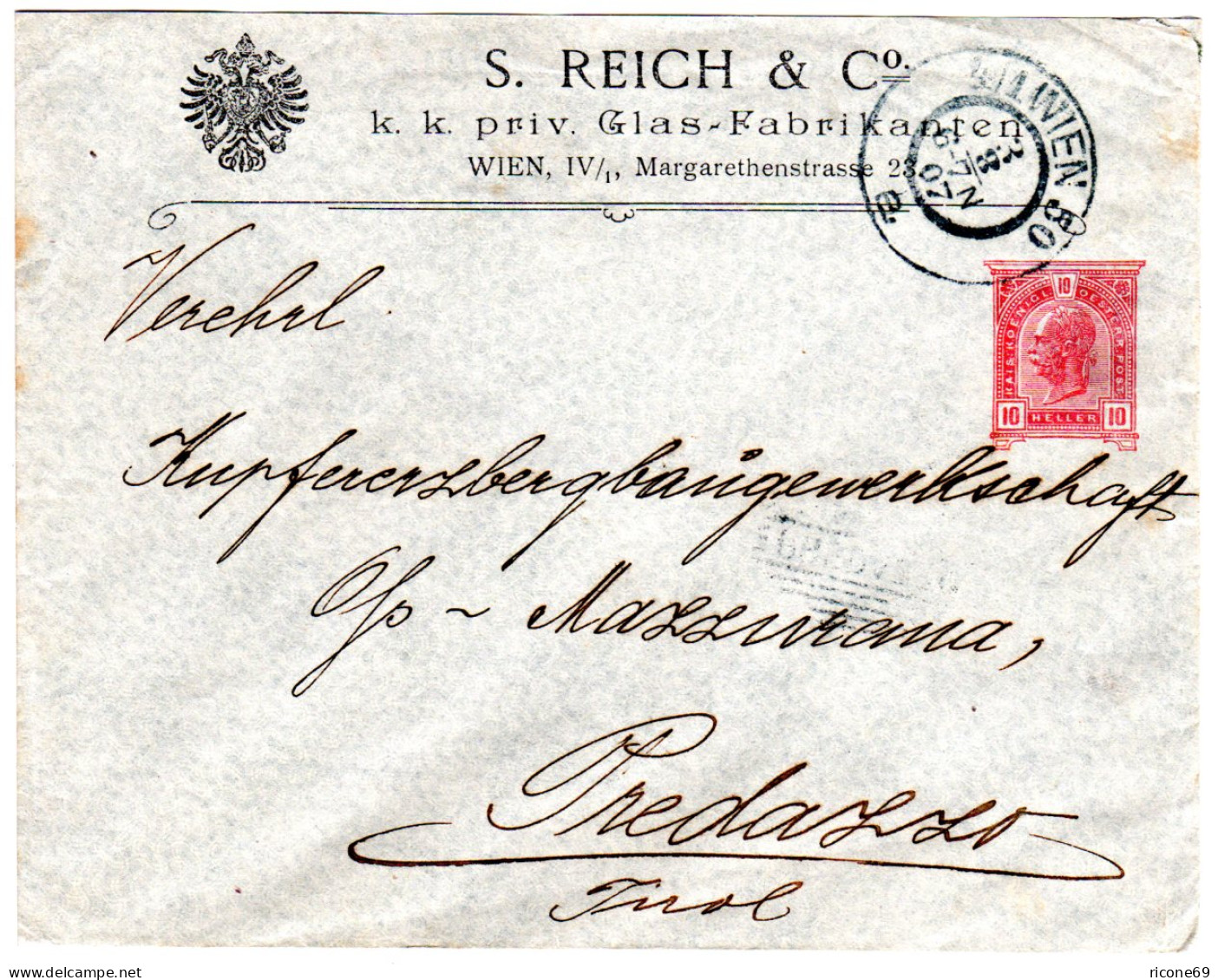 Österreich 1907, 10 H. S. Reich & Co. Privat Ganzsache Brief V. Wien N. Predazzo - Lettres & Documents