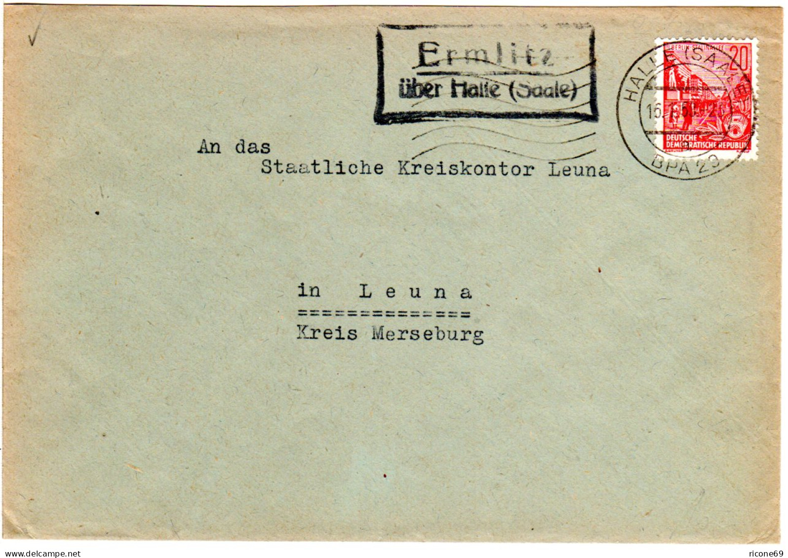 DDR 1958, Landpost Stpl. ERMLITZ über Halle Auf Brief M. 20 Pf. - Briefe U. Dokumente