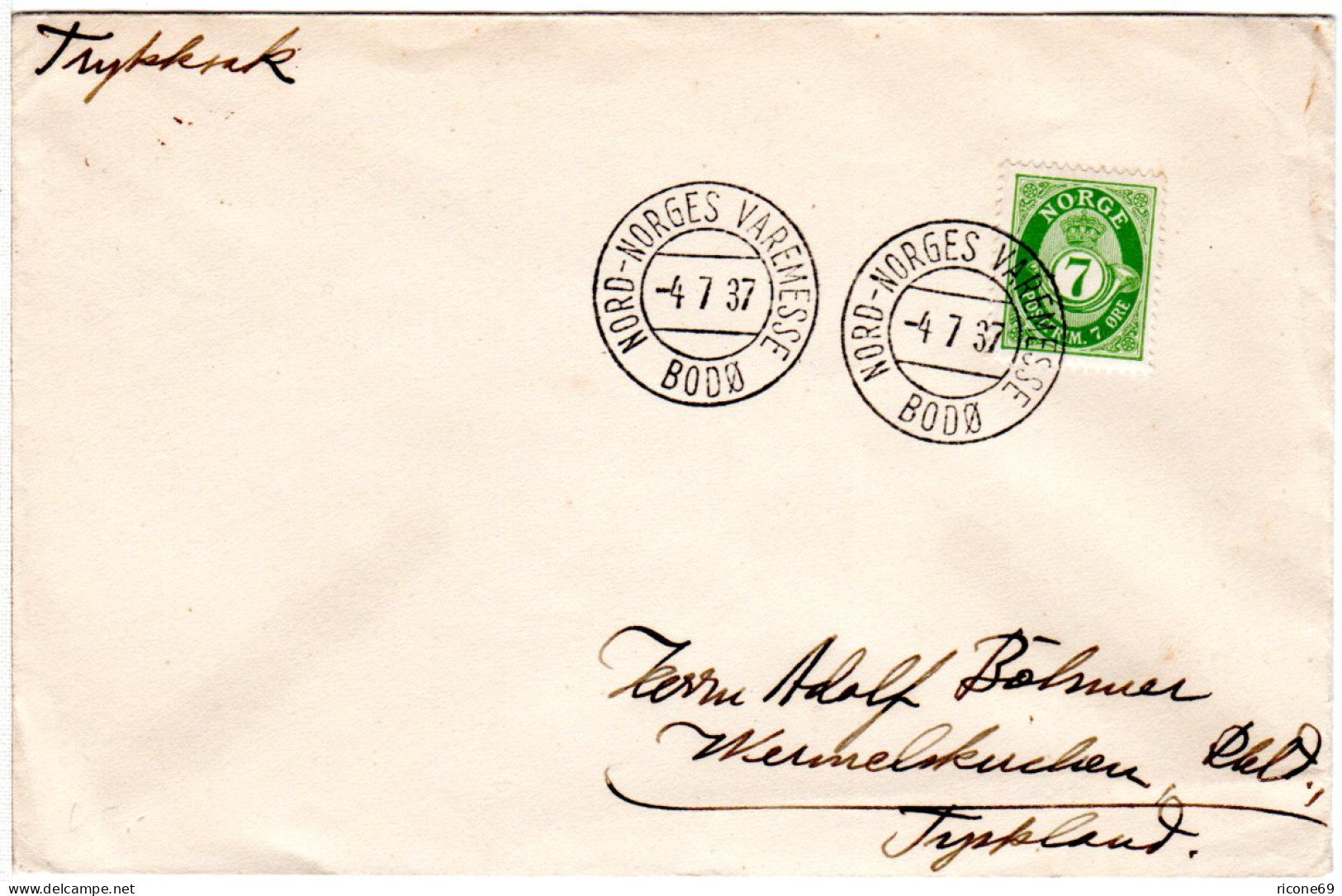 Norwegen 1937, Sonder Stpl. NORD-NORGES VAREMESSE BODÖ Auf Brief M. 7 öre - Lettres & Documents