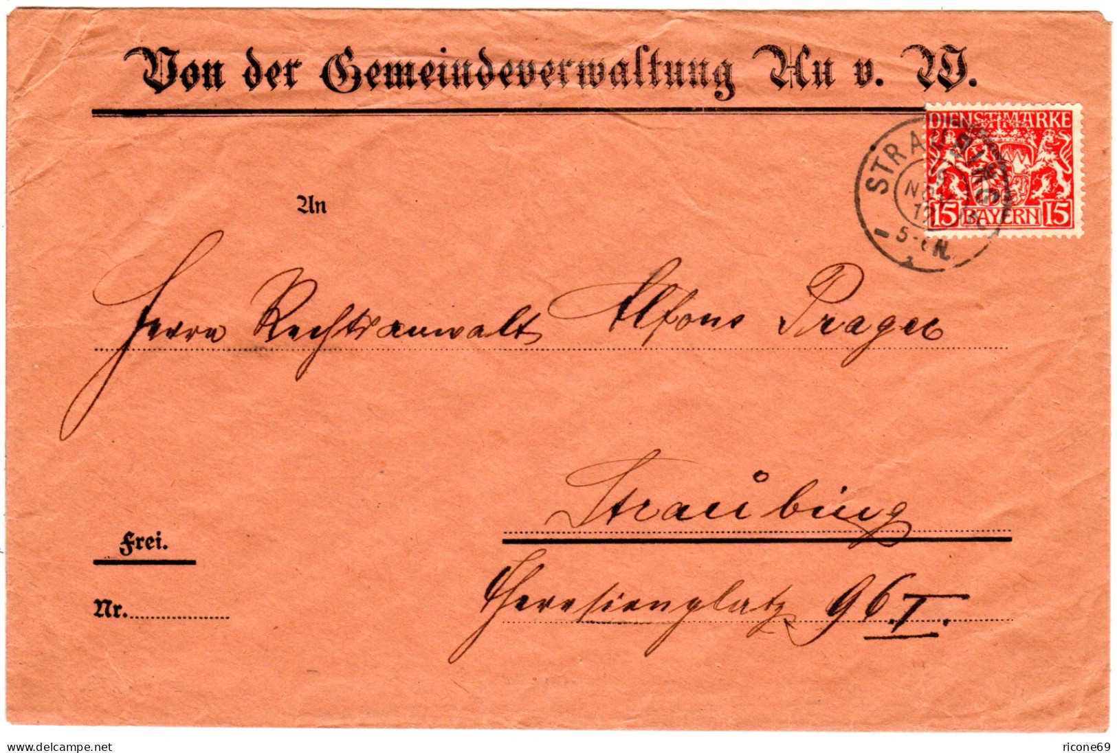 Bayern 1917, Reservestempel STRAUBING R Auf Gemeinde Brief Au V.W.  - Lettres & Documents