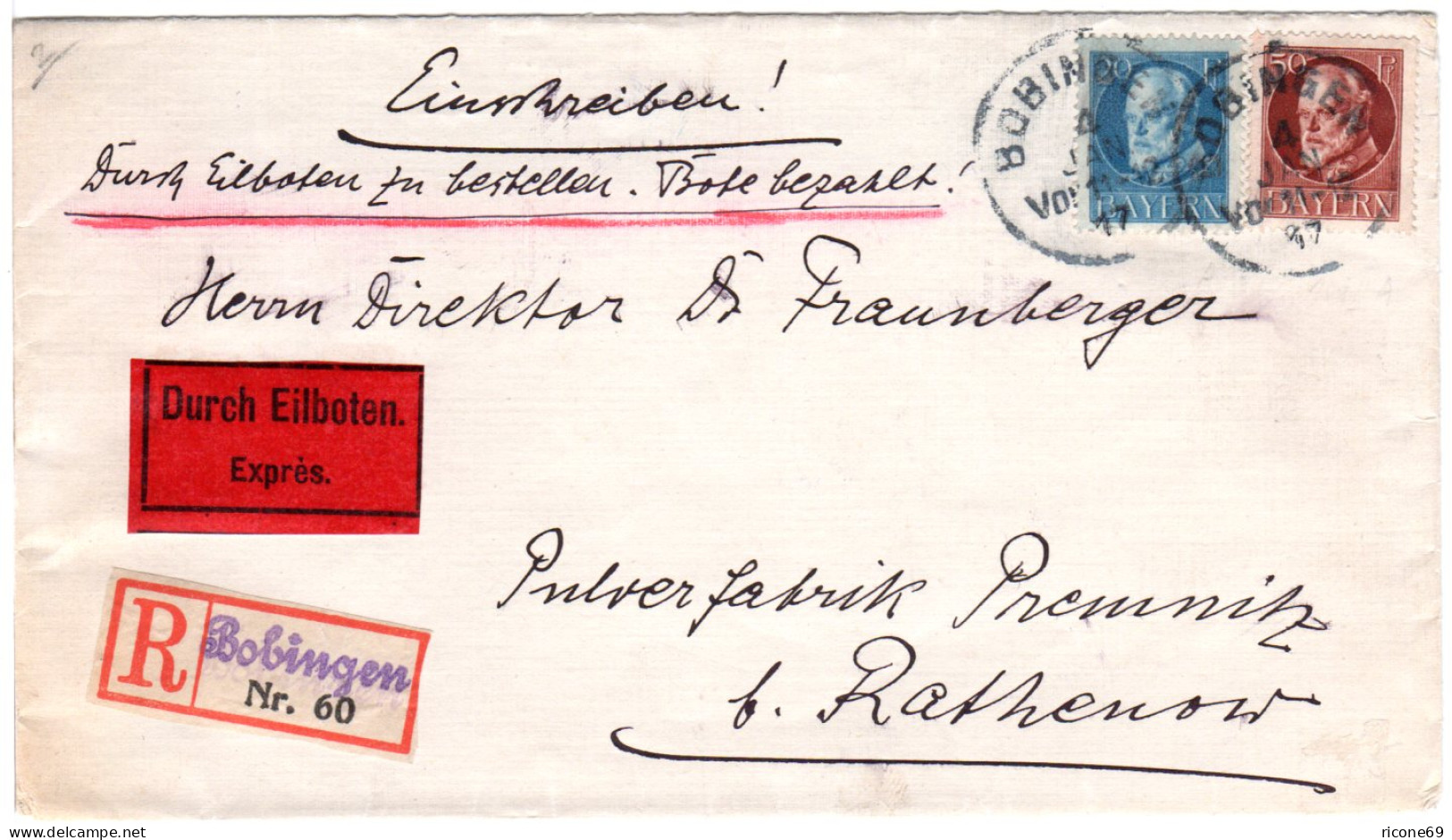 Bayern 1917, 20+50 Pf. Auf Express Brief M. Eingestempeltem R-Zettel V. Bobingen - Briefe U. Dokumente