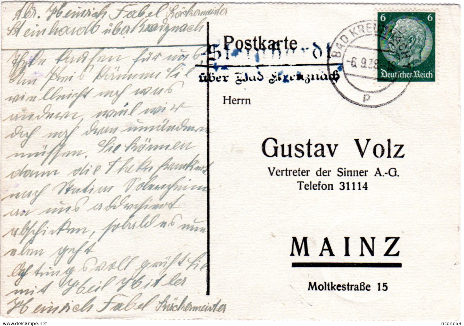 DR 1938, Landpost Stpl. STEINHARDT über Bad Kreznach Auf Karte M. 6 Pf. - Lettres & Documents