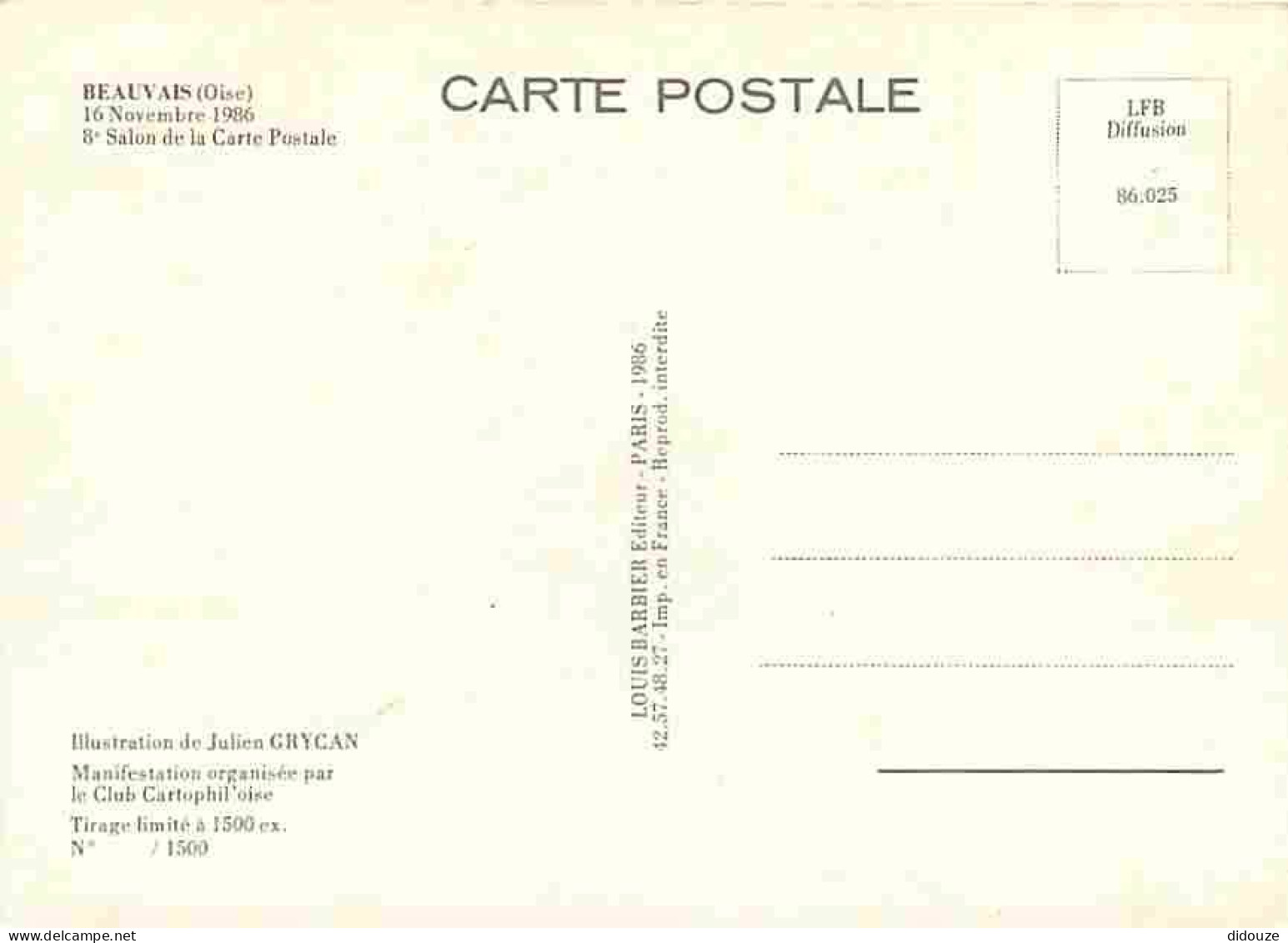 60 - Beauvais - Carte Pour Le 8e Salon De La Carte Postale De Beauvais 1986 - Illustration De Julien Grycan - Carte Neuv - Beauvais