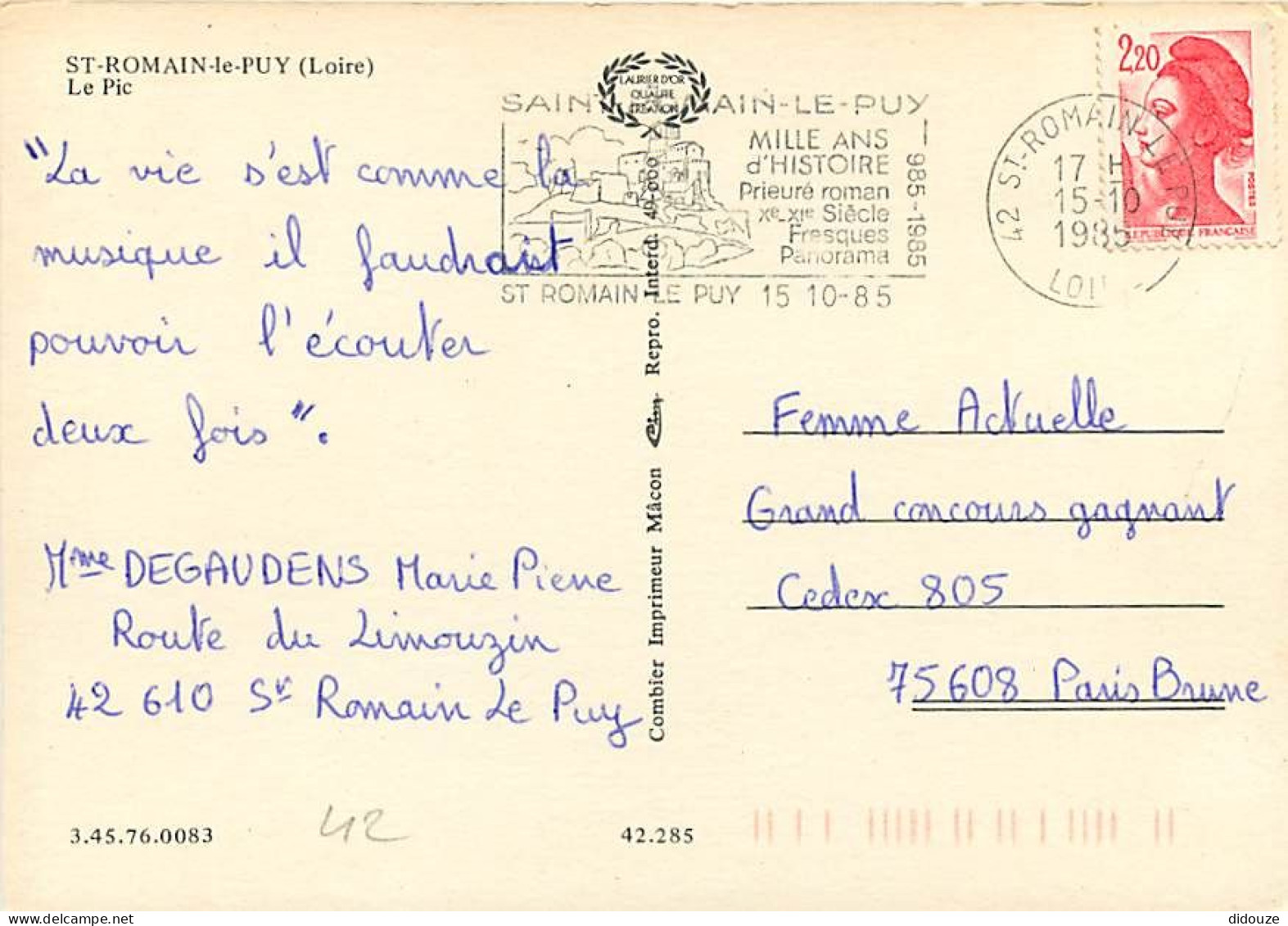 42 - Saint Romain Le Puy - Le Pic - Flamme Postale De Saint Romain Le Puy - CPM - Voir Scans Recto-Verso - Autres & Non Classés