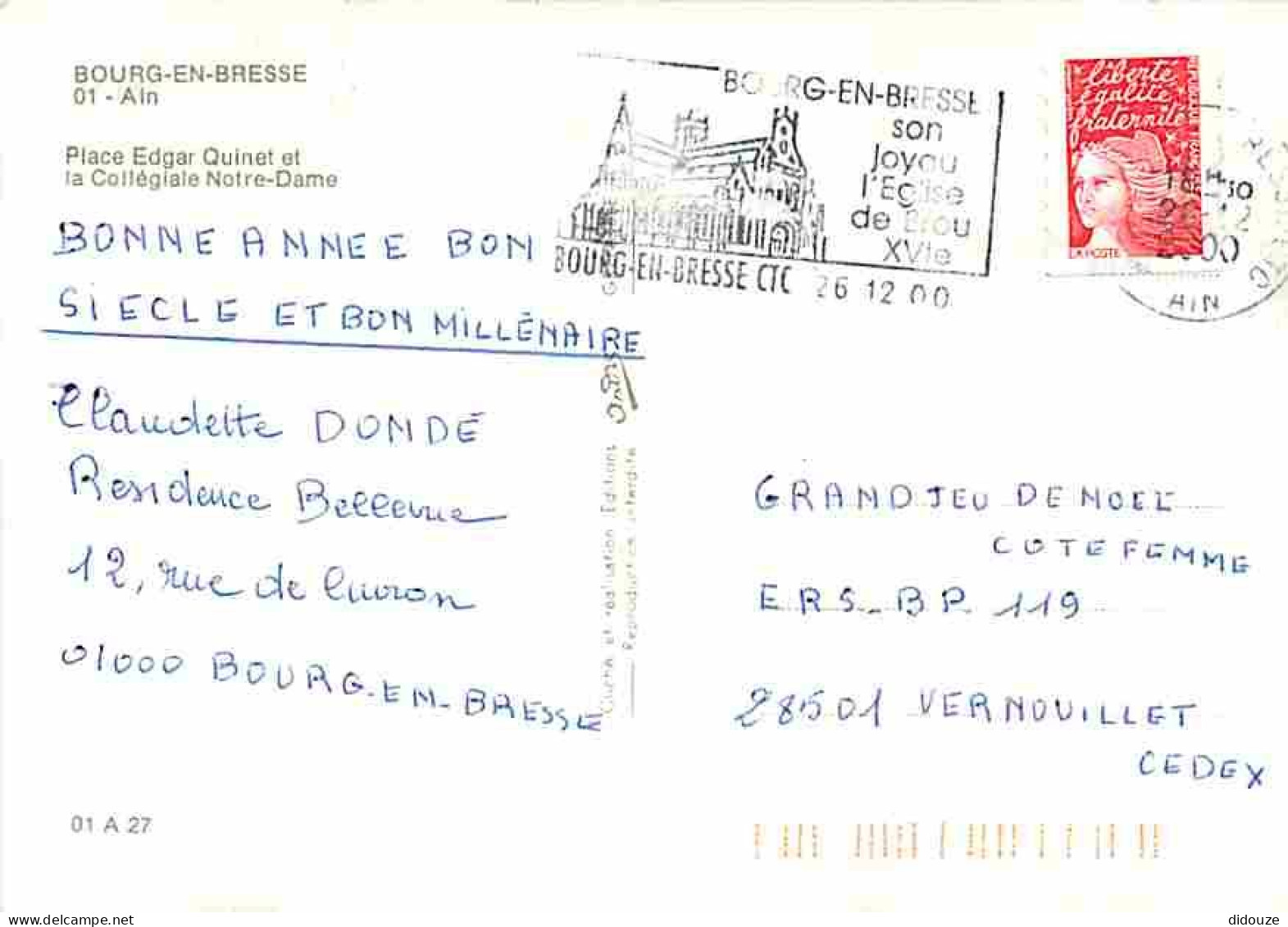 01 - Bourg En Bresse - Place Edgar Quinet - La Collégiale Notre Dame - Vue De Nuit - Flamme Postale - CPM - Voir Scans R - Sonstige & Ohne Zuordnung