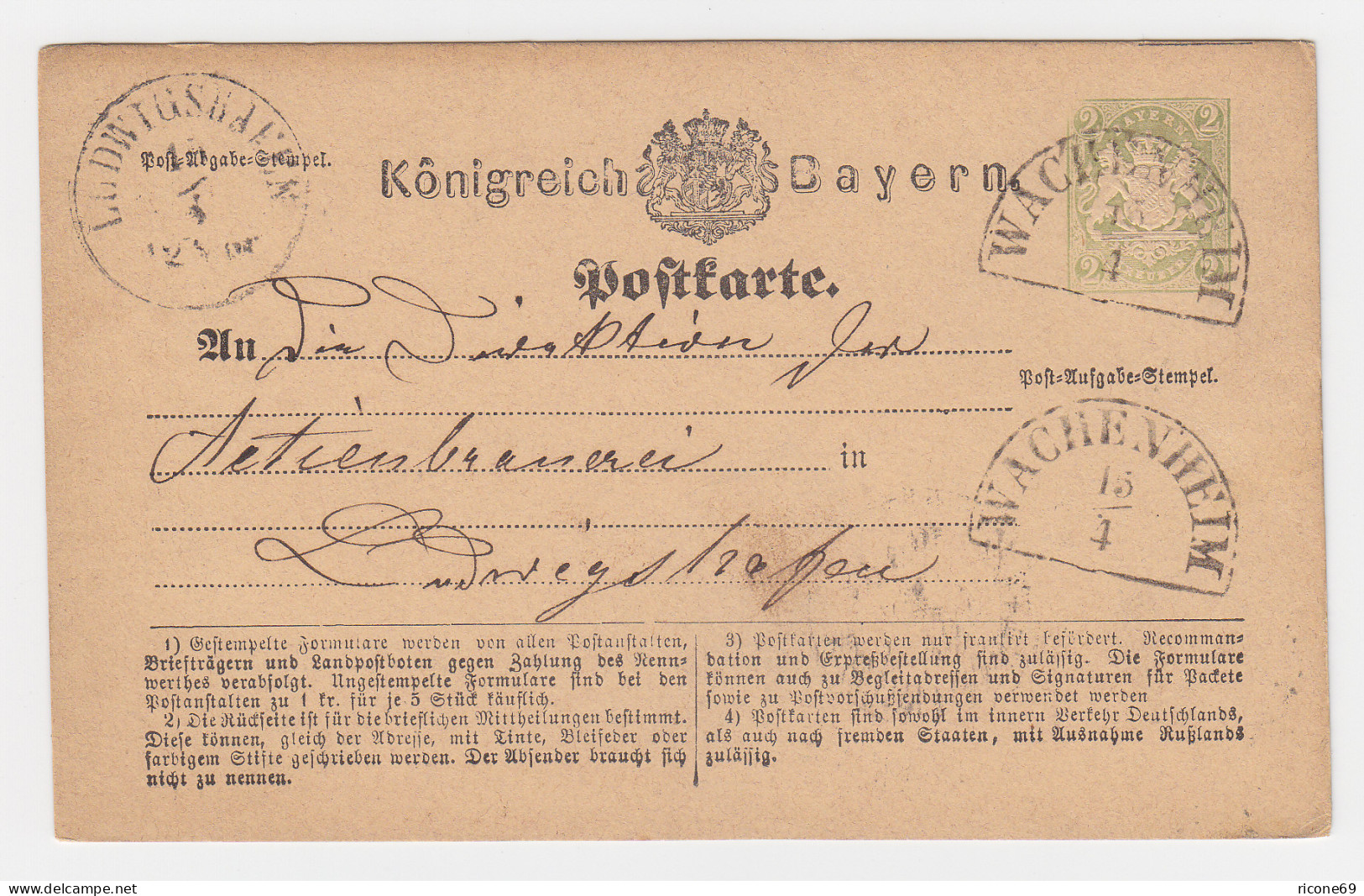 Bayern 1874, HKS Wachenheim Auf 2 Kr. Ganzsache An Actien Brauerei Ludwigshafen - Lettres & Documents