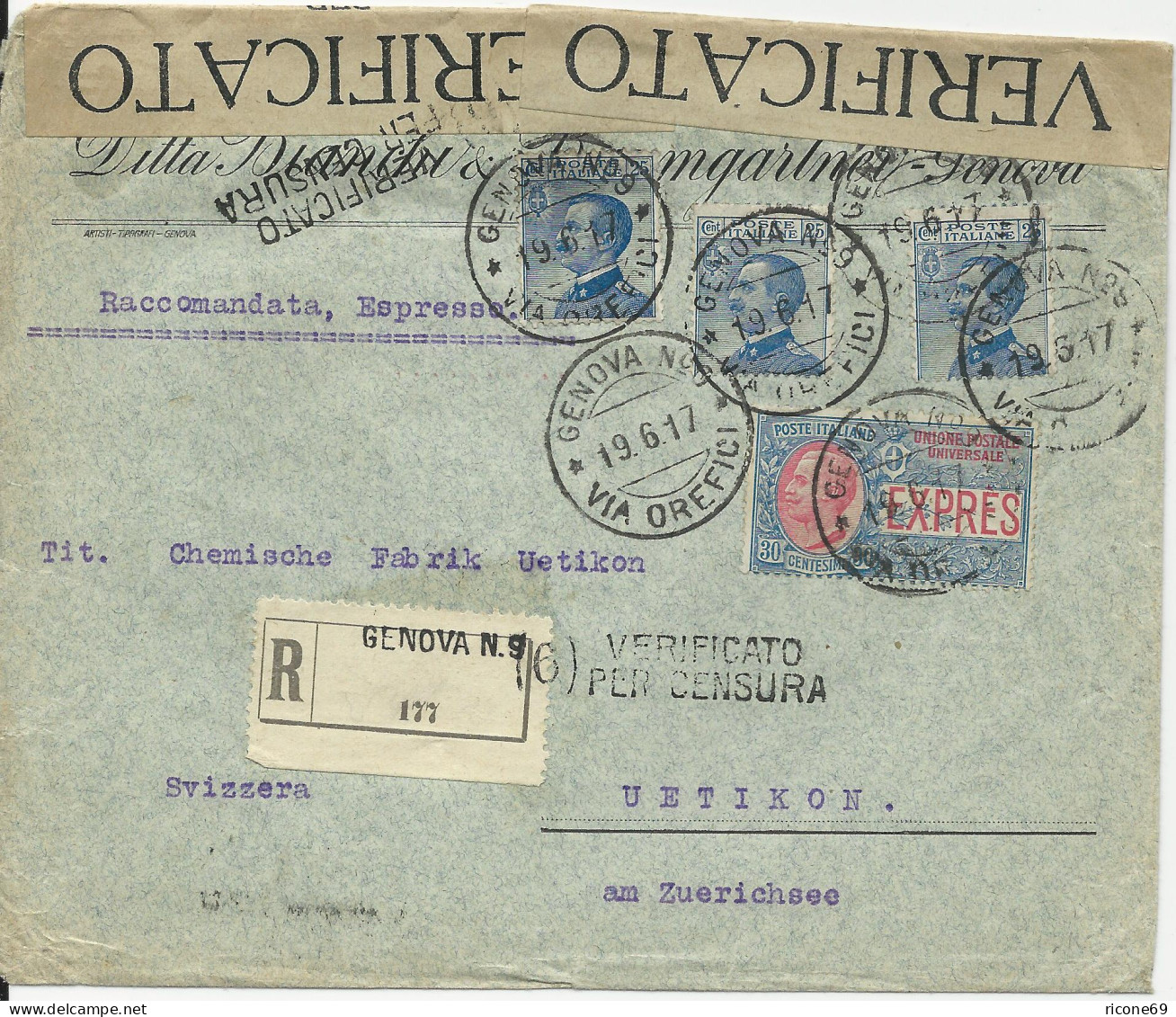 Italien 1917, Zensur Einschreiben Express Brief V. Genova No.9 I.d. Schweiz - Non Classés