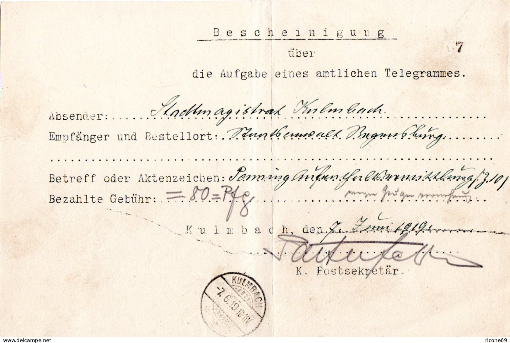 Bayern 1918, Telegramm - Postformular M. K1 Kulmbach 2b - Cartas & Documentos