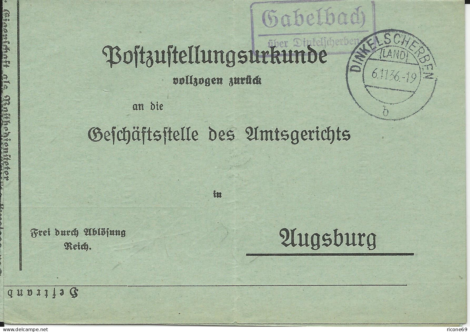 DR 1936, Landpost Stpl. Gabelbach ü. Dinkelscherben Auf Zustellungsurkunde - Lettres & Documents