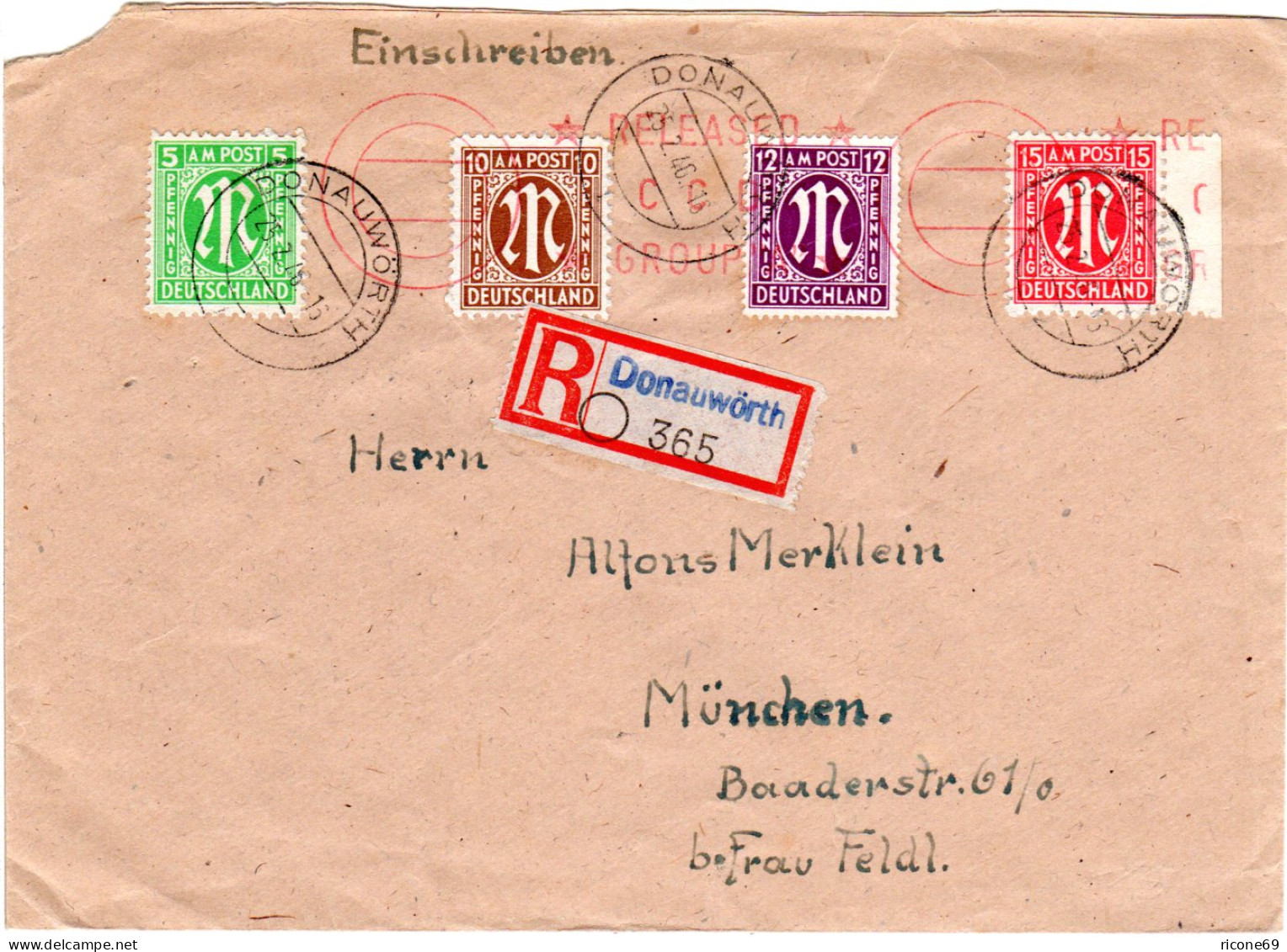 1946, 5+10+12+15 Pf. Portorichtig Auf Einschreiben Brief V. DONAUWÖRTH. - Covers & Documents