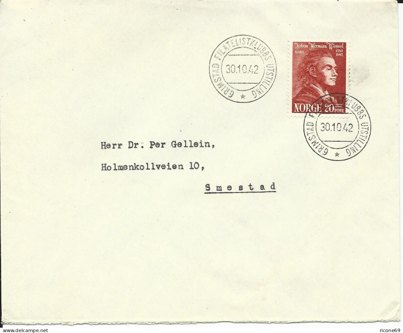 Norwegen 1942, Grimstad Filatelistklubbs Utstilling, Brief M 20 öre + Sonderstpl - Autres & Non Classés
