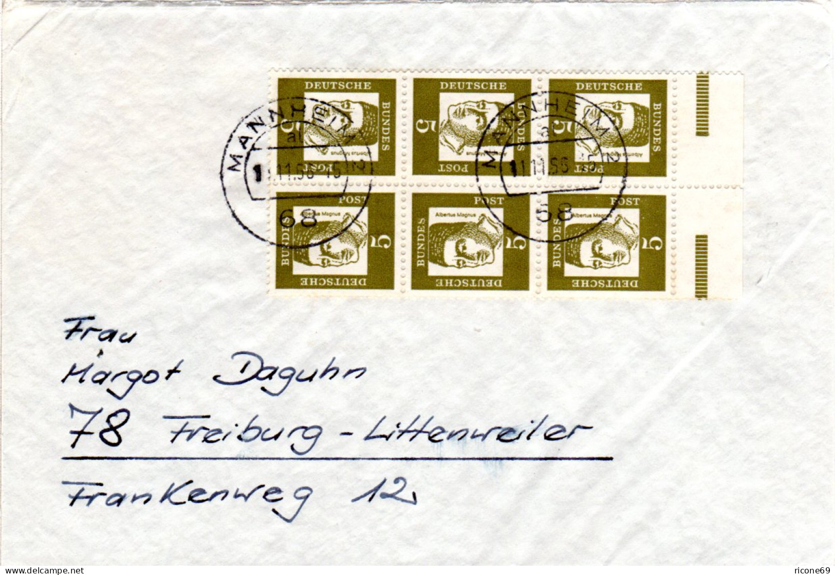 BRD 1966, Kehrdruck 6er-Block 5 Pf. M. Bogenrand Auf Brief V. Mannheim - Cartas & Documentos