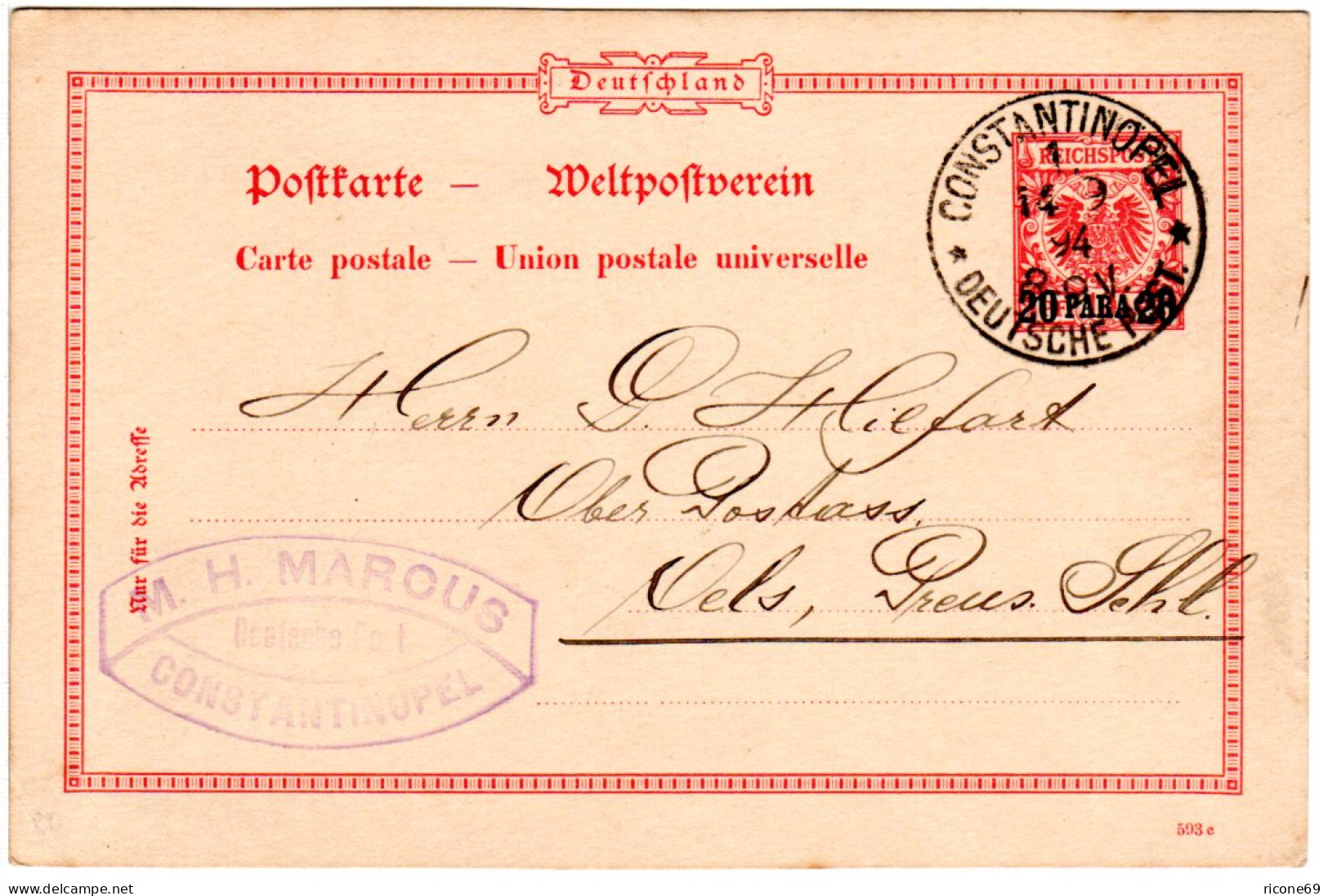 Dt. Post Türkei 1894, 20 P./10 Pf. Ganzsache V. CONSTANTINOPEL M. Firmenstempel - Turkey (offices)