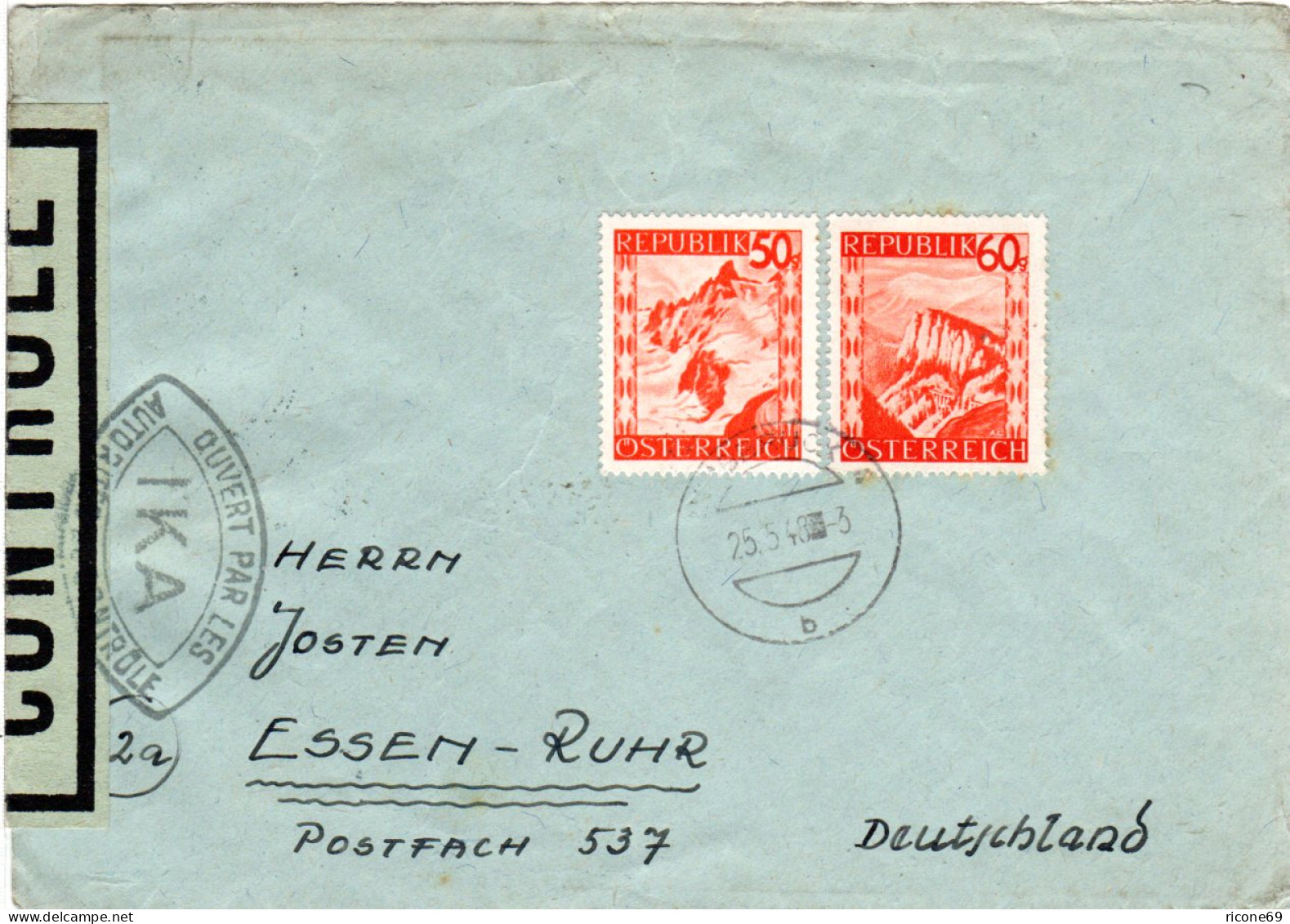 Österreich 1948, 50+60 G. Auf Brief V. Innsbruck M. Französ. IKA Zensur - Lettres & Documents