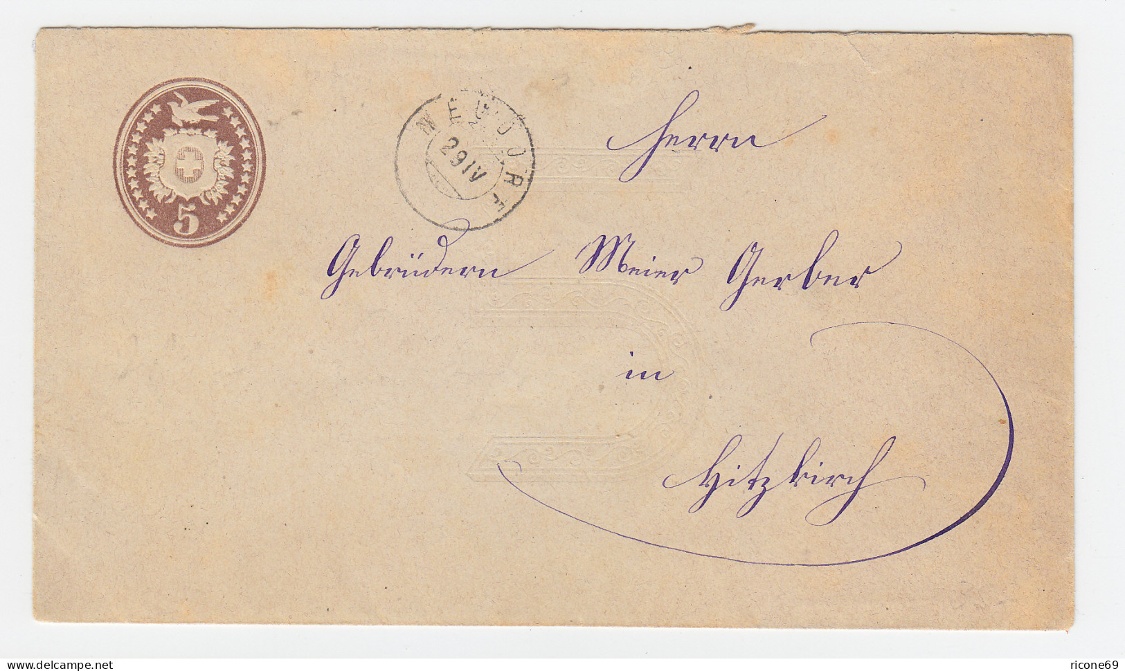Schweiz 1877, Zwerg Stpl. NEUDORF Auf 5 C. Ganzsache Brief - Autres & Non Classés