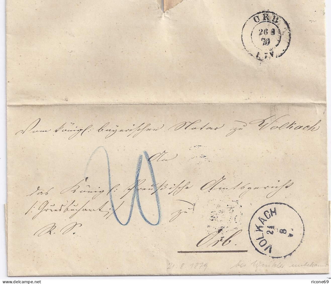 Bayern 1879, K1 Volkach Auf Porto Brief N. ORB, Ehemals Bayer. Postort! . #1704 - Lettres & Documents