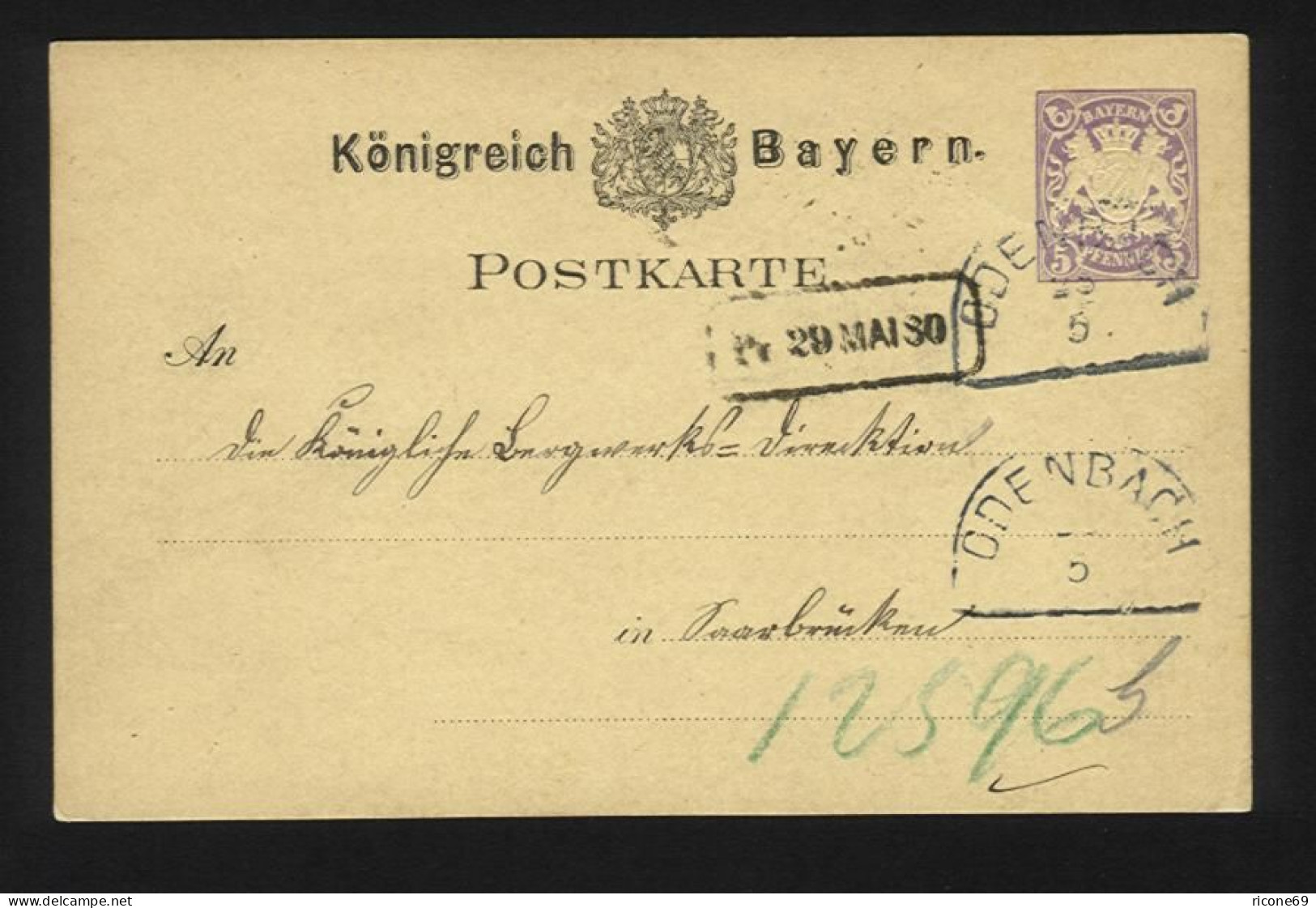 Bayern 1880, HKS ODENBACH Auf Ganzsache V. Kronenberg  N. Saarbrücken. #1210 - Covers & Documents
