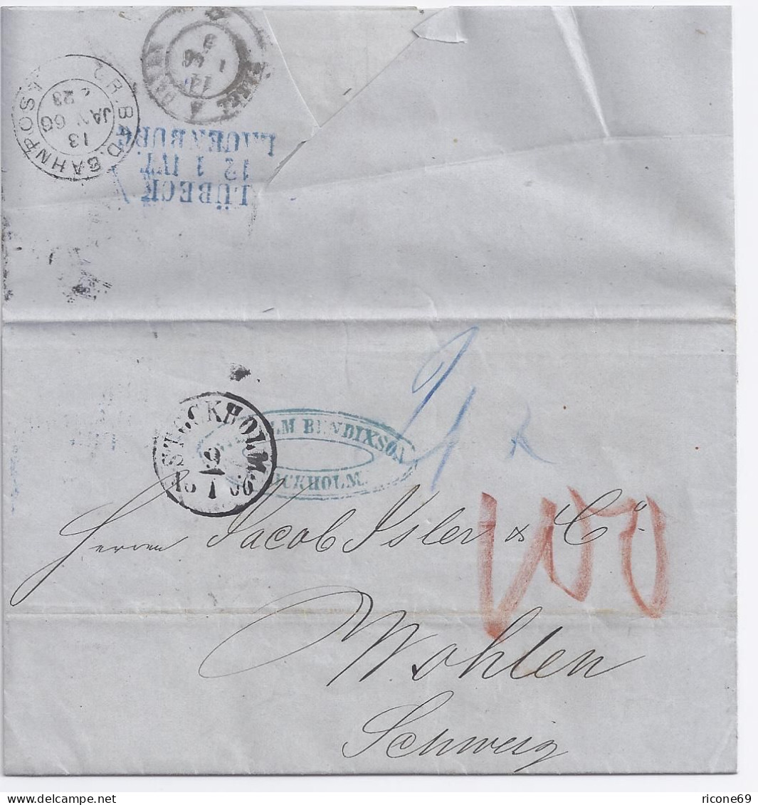 Schweden Schweiz 1866, Schöner Porto Brief V. Stockholm M Vielen Stempeln. #1448 - Covers & Documents