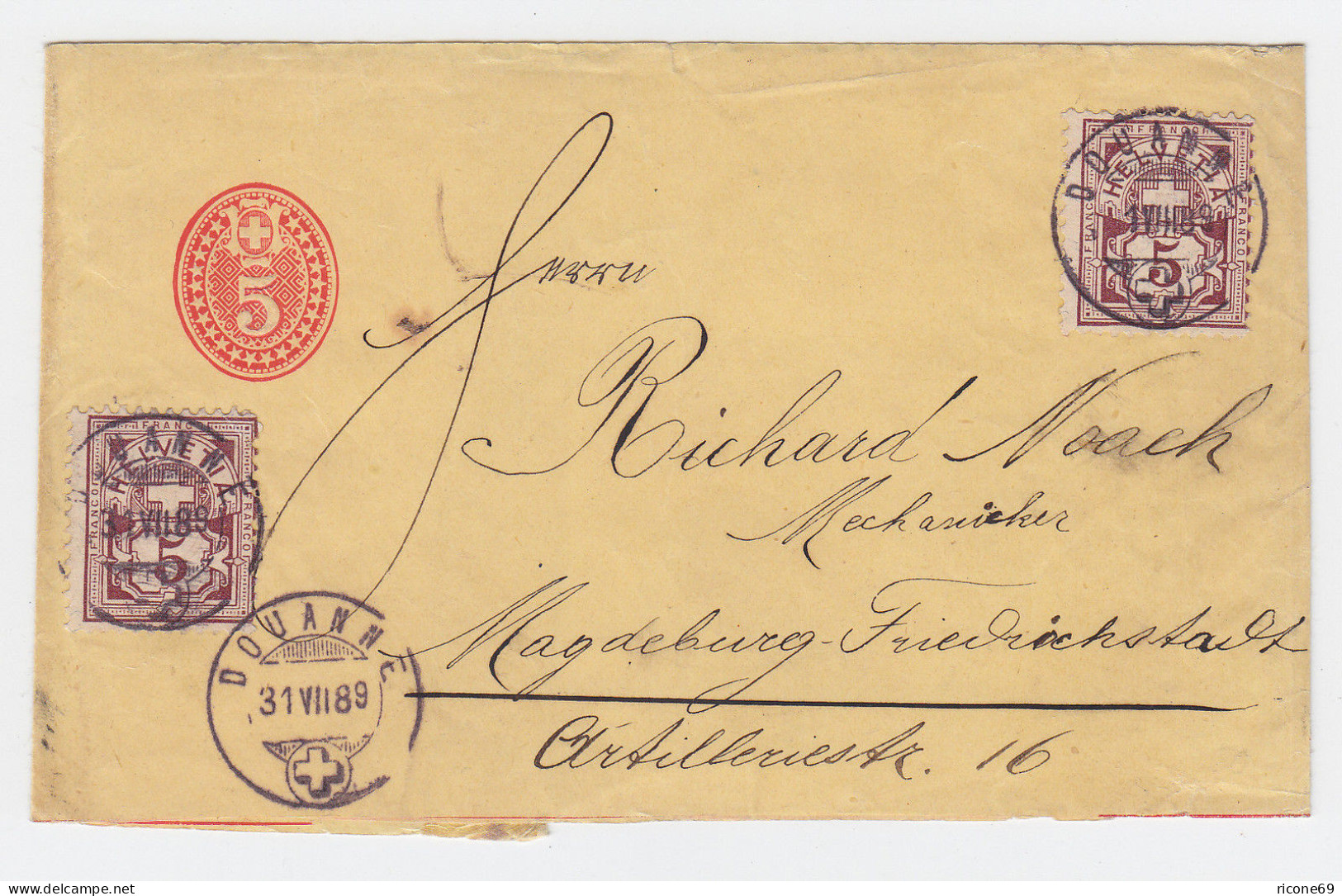 Schweiz 1889, 5 C. Ganzsache Streifband M. Zusatz V. Douanne N. Magdeburg. #2337 - Autres & Non Classés