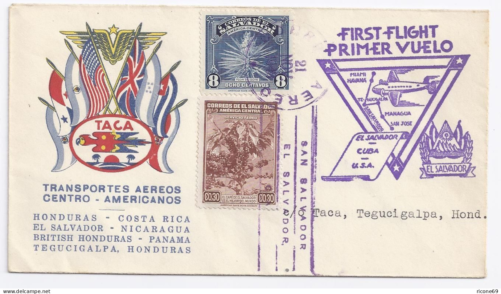 El Salvador Honduras 1943, Primer Vuelo, Erstflug Brief M. Ankunftstempel. #1553 - El Salvador