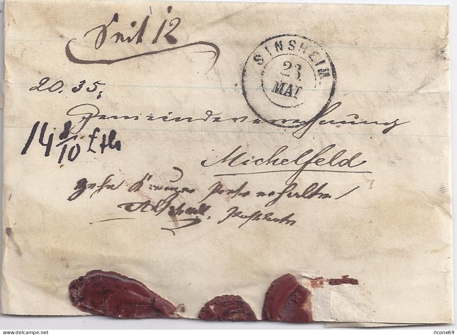 Baden 1868, K2 Sinsheim Auf Gesiegeltem Brief M. Portovermerk 10 Kr. Erh. #1482 - Briefe U. Dokumente