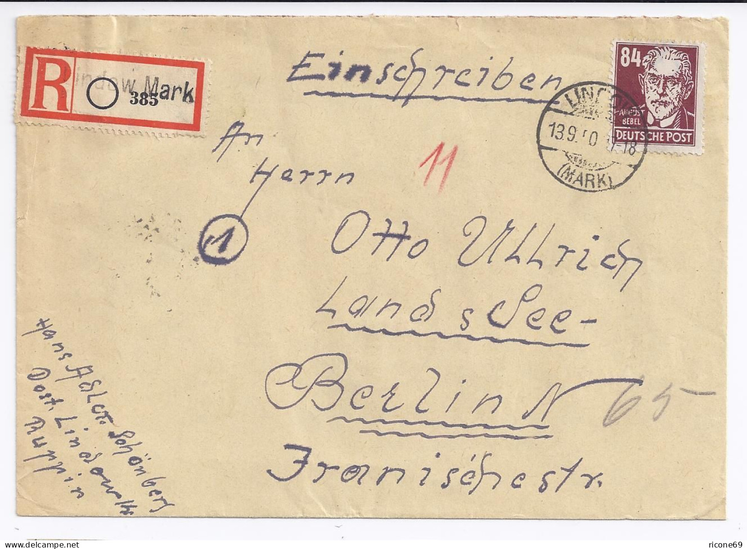 DDR 1950, Lindow Mark, Brief M. Eingestempeltem Einschreiben Zettel.  #1823 - Lettres & Documents