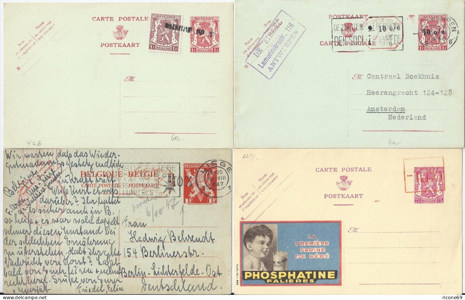 Belgien 1946/47, -10% Van Aker Überdrucke Auf 4 Ganzsache Karten, 2 Gebr.  #786 - Autres & Non Classés