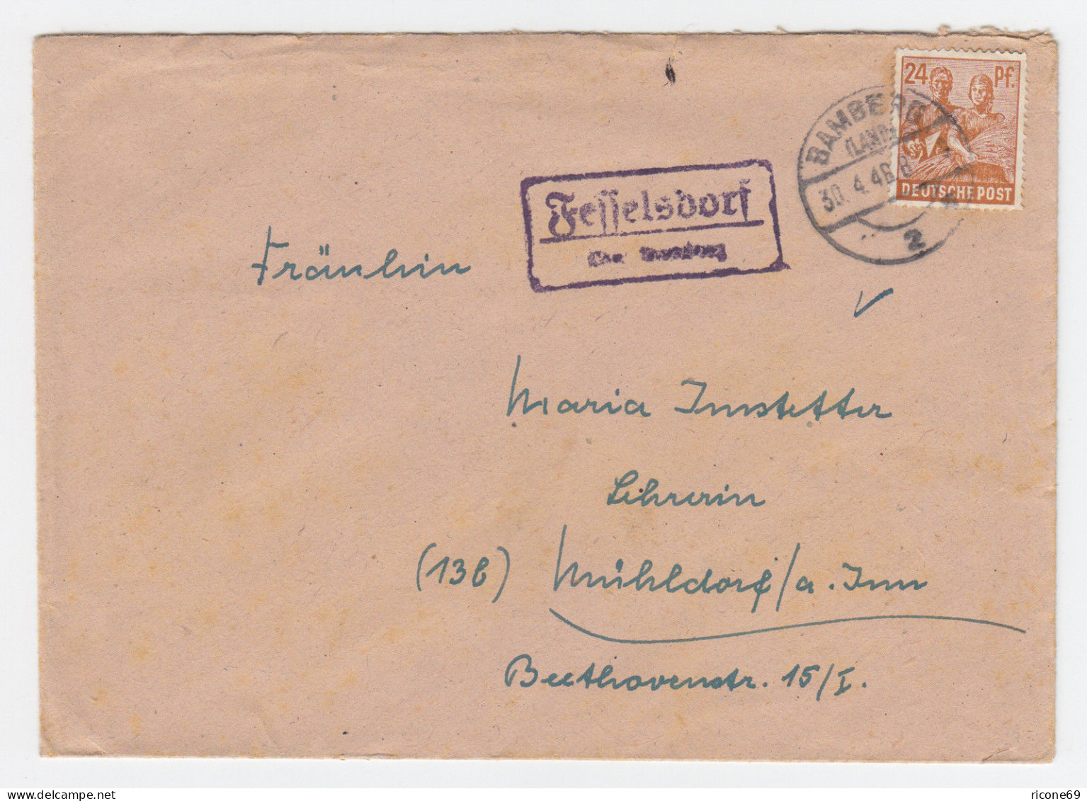 1948, Fesselsdorf über Bamberg, Landpost Stpl. Auf  Brief M. 24 Pf. #1233 - Covers & Documents