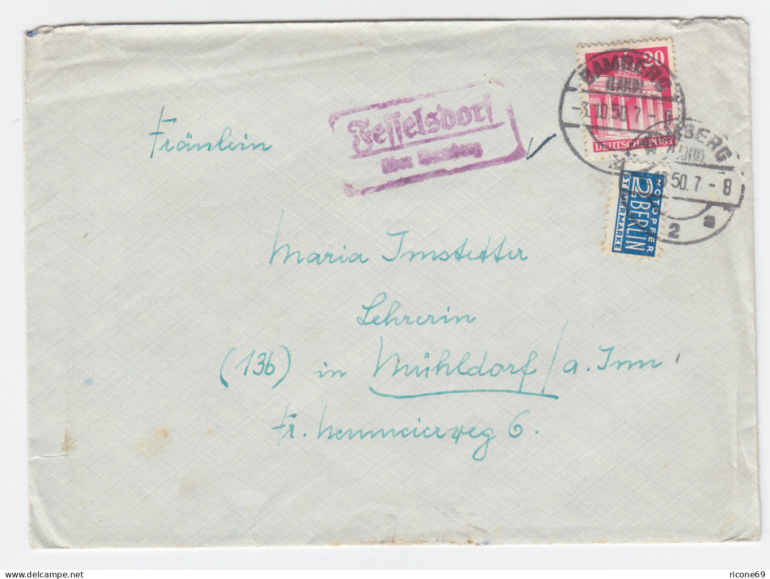 1950, Fesselsdorf über Bamberg, Landpost Stpl. Auf  Brief M. Notopfer. #1137 - Cartas & Documentos