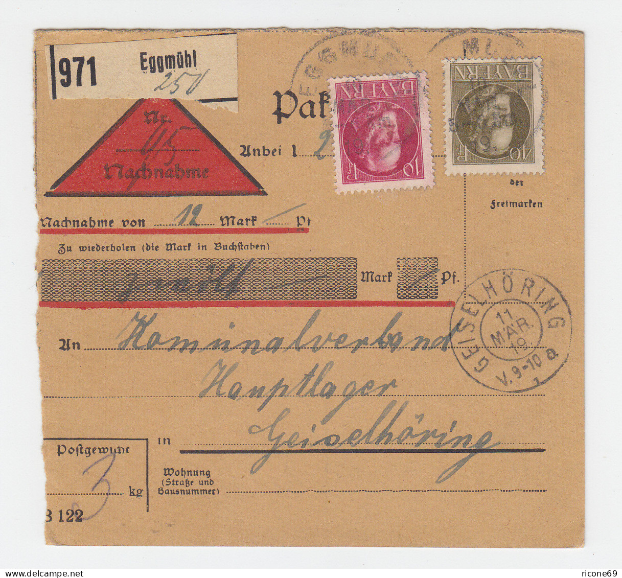 Bayern 1917, 10-40 Pf. Auf Nachnahme Paketkarte V. Eggmühl N. Geiselhöring #2793 - Covers & Documents