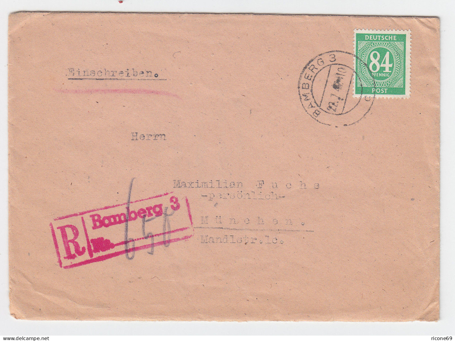 1947, Roter Einschreiben Stpl. "Bamberg 3" Auf Reko Brief M. 84 Pf. #2731 - Covers & Documents